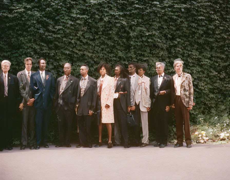 Elegantly dressed group in front of lush green hedge