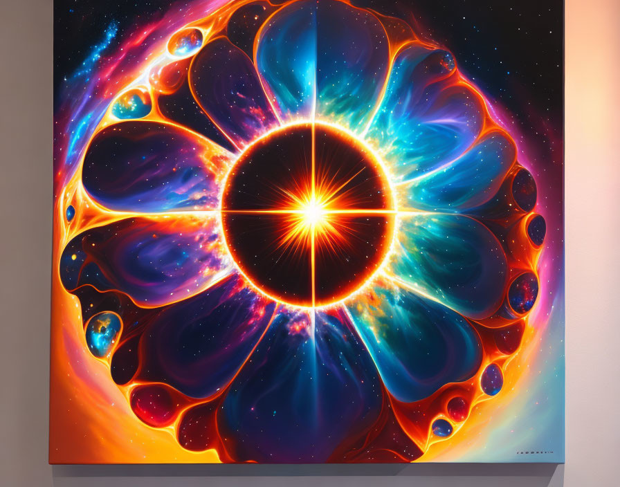 Colorful cosmic painting with bright central light and swirling colors.