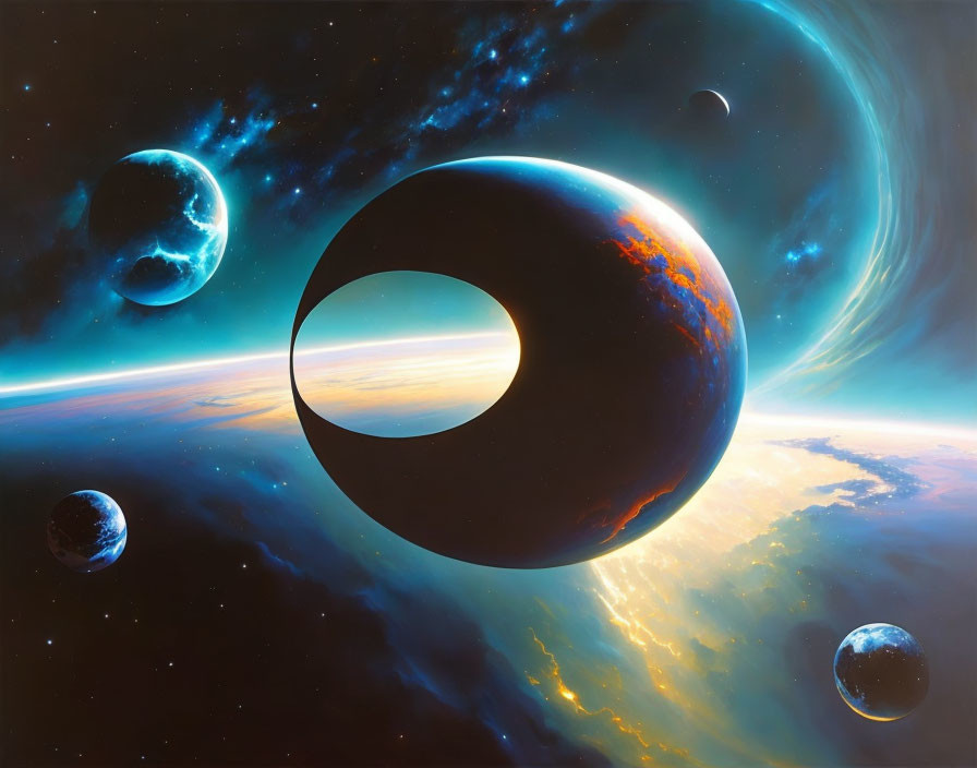 Surreal sci-fi landscape with torus-shaped planet and vibrant nebulas