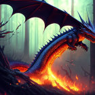 Colorful Dragon Perched on Tree in Misty Forest with Flames and Flying Dragons