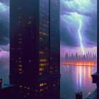 Panoramic nighttime cityscape with skyscrapers, thunderstorms, lightning bolts, heavy rain,