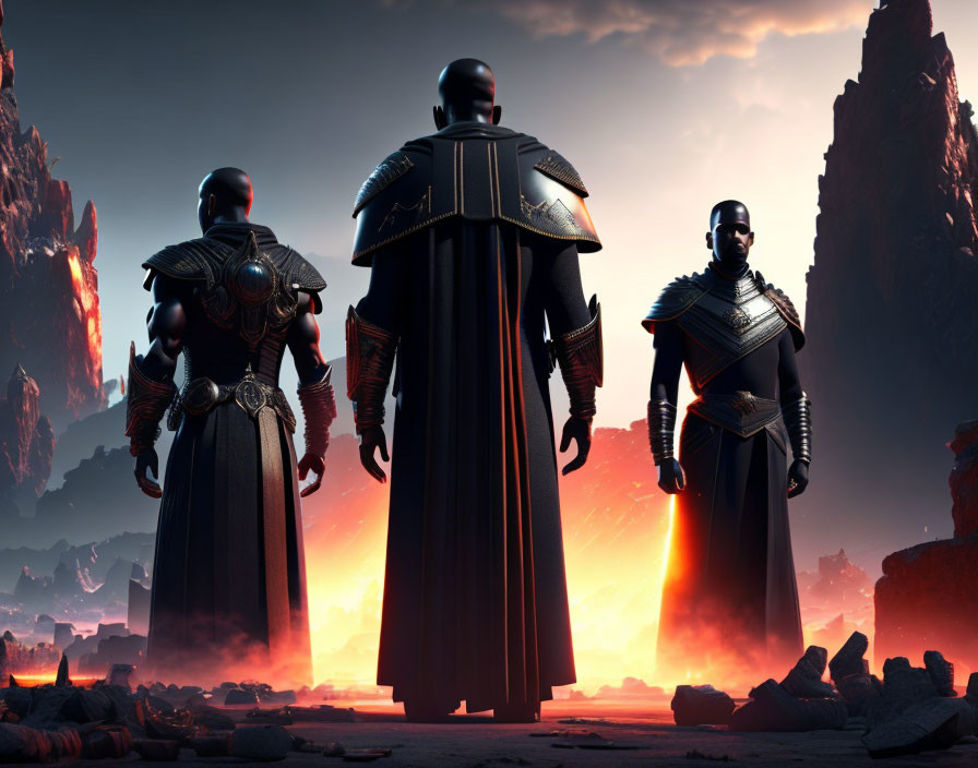 Three armored figures in front of red sunset and jagged rocks.