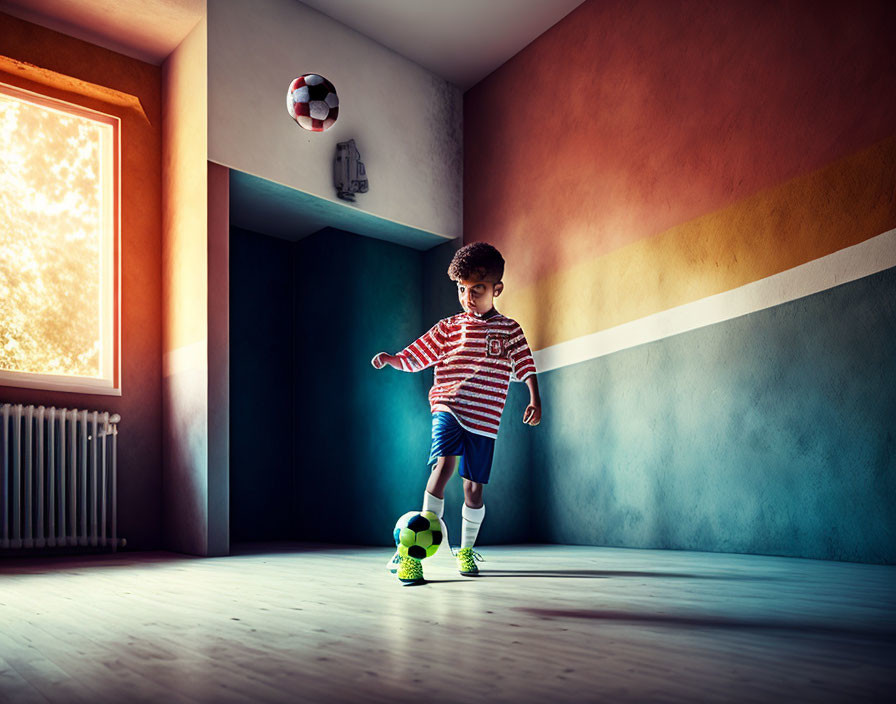 Child dribbling soccer ball in colorful room with striped shirt, sunlight.