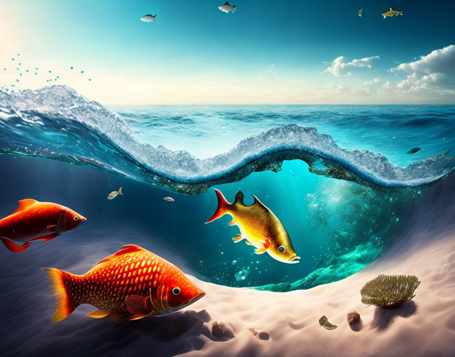 Vivid Split-Level Marine Life Scene with Tropical Fish and Sunbeams