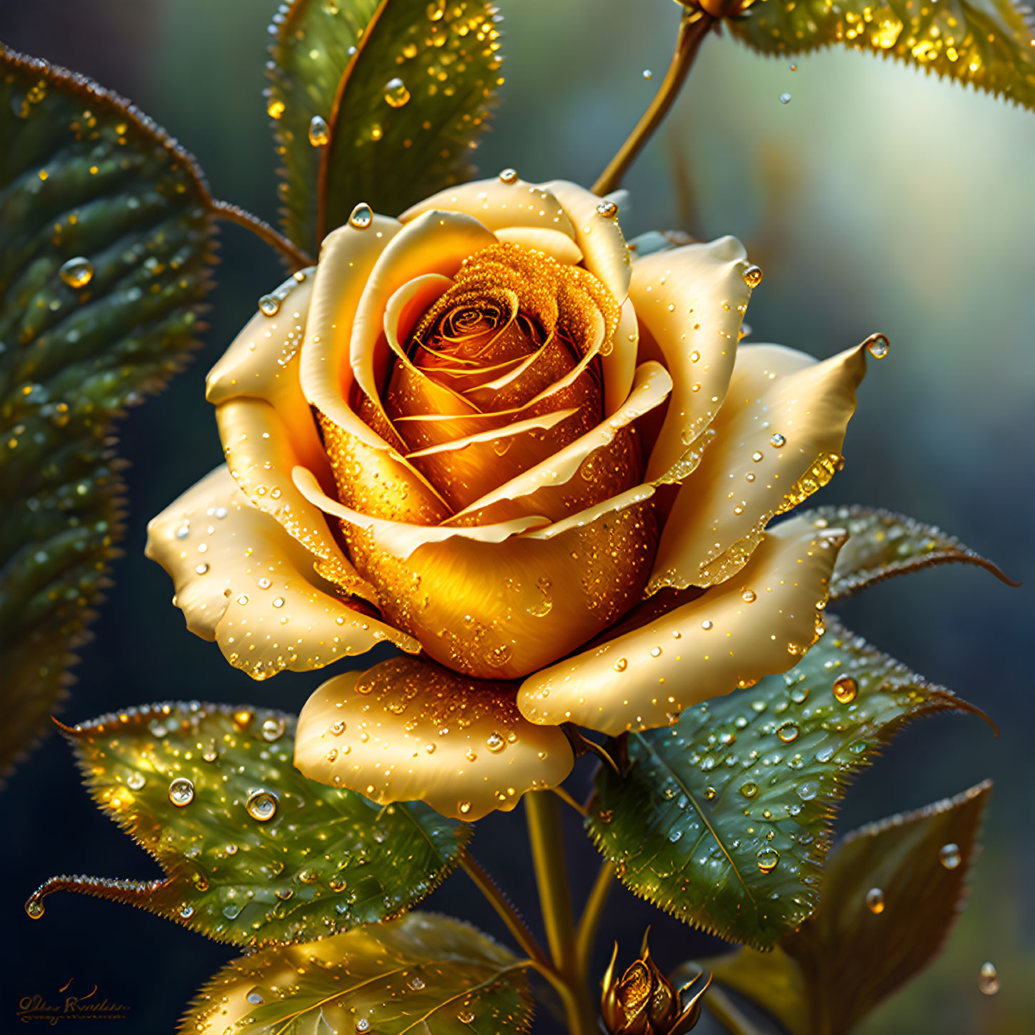 Golden Yellow Rose with Water Droplets on Petals and Dewy Foliage Background