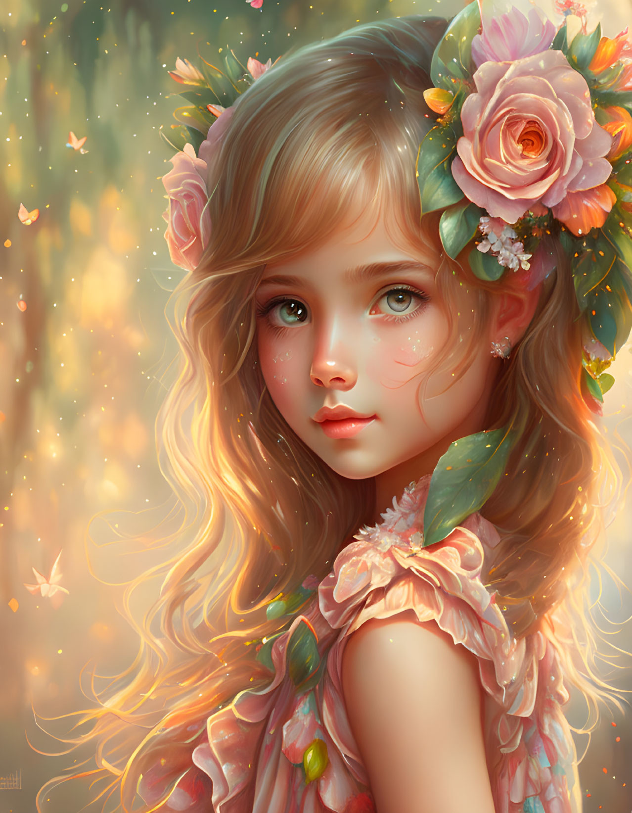 Young girl digital portrait with floral headband and serene expression in magical ambiance