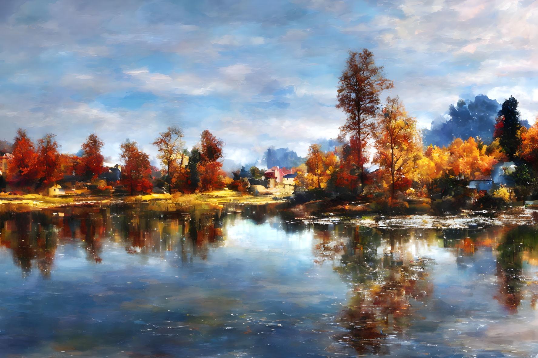 Scenic autumn landscape with vibrant foliage by tranquil lake