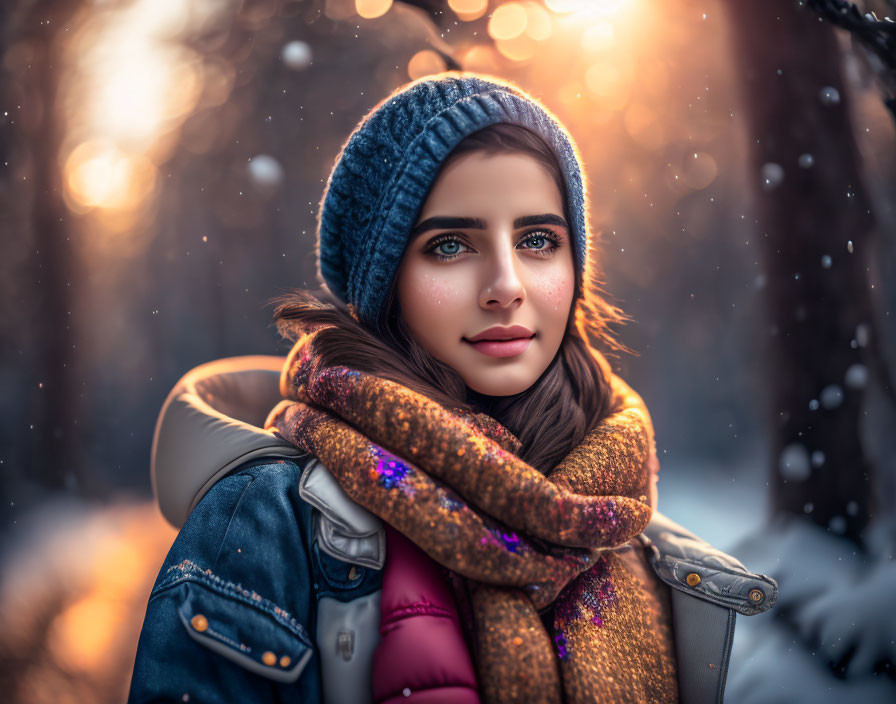 Blue-eyed woman in beanie and scarf gazes with snowflakes and sunlight.