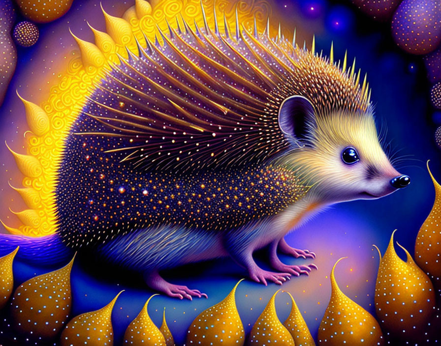 Colorful Hedgehog with Golden Quills in Glowing Plant Scene