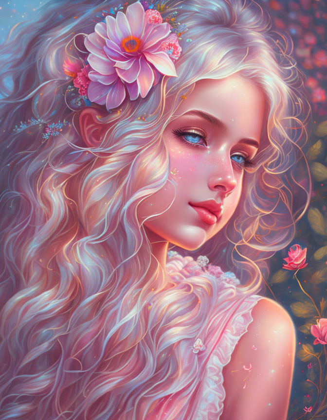 Blonde Curly-Haired Woman Surrounded by Pink Floral Illustration