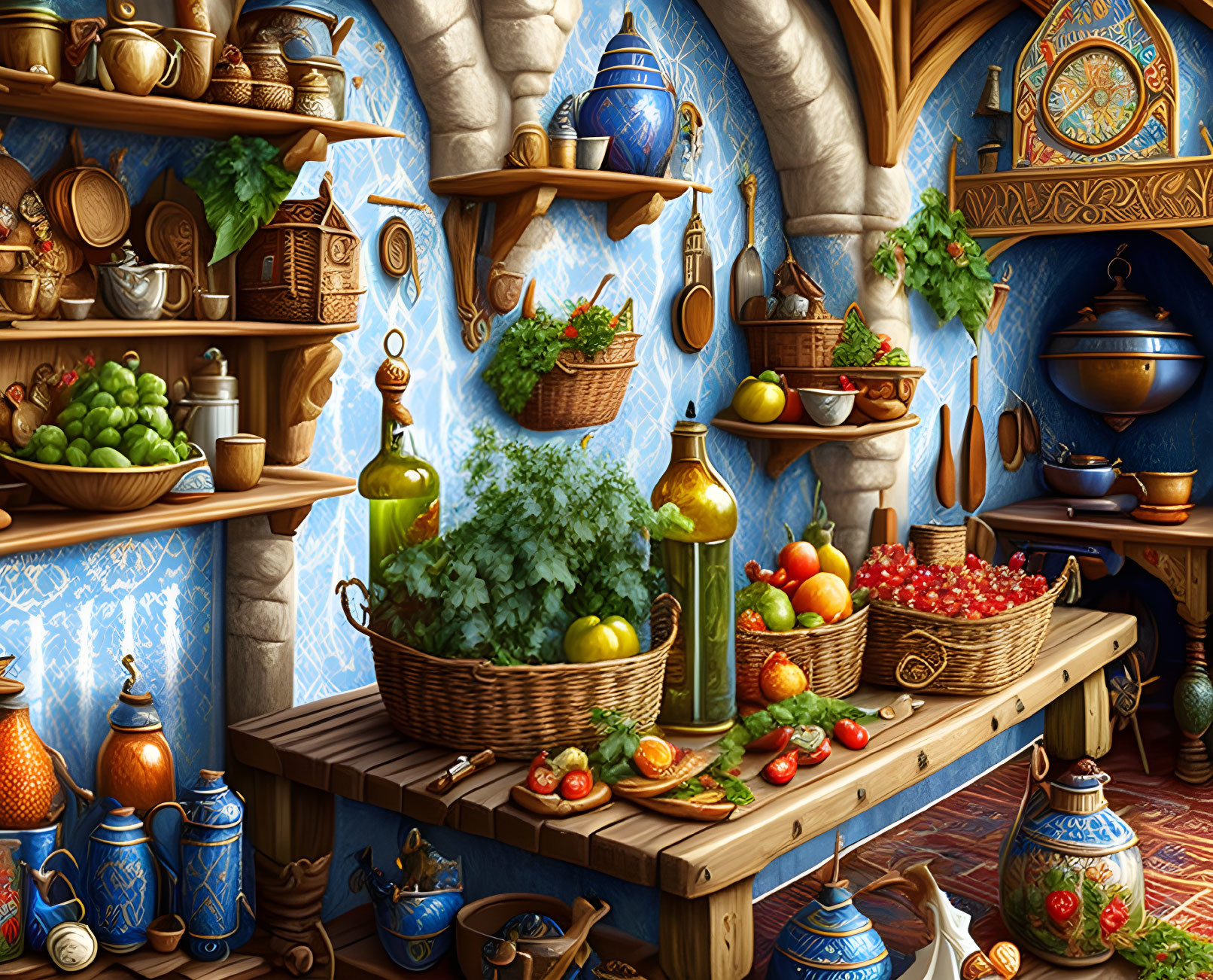 Colorful Fantasy Kitchen with Blue Pottery and Wooden Shelves