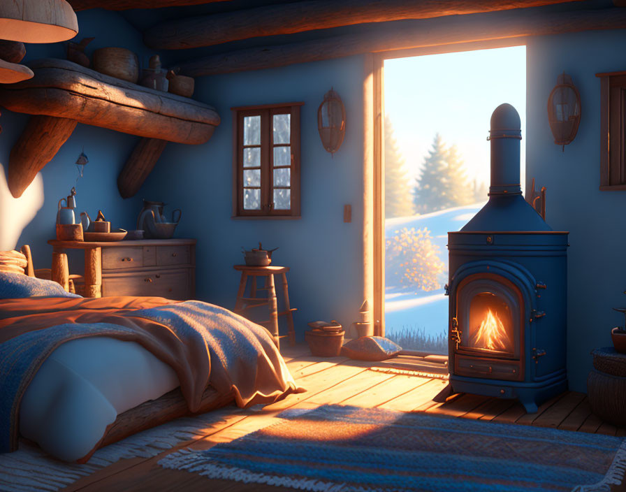 Cozy Bedroom with Vintage Blue Wood Stove and Snowy Landscape