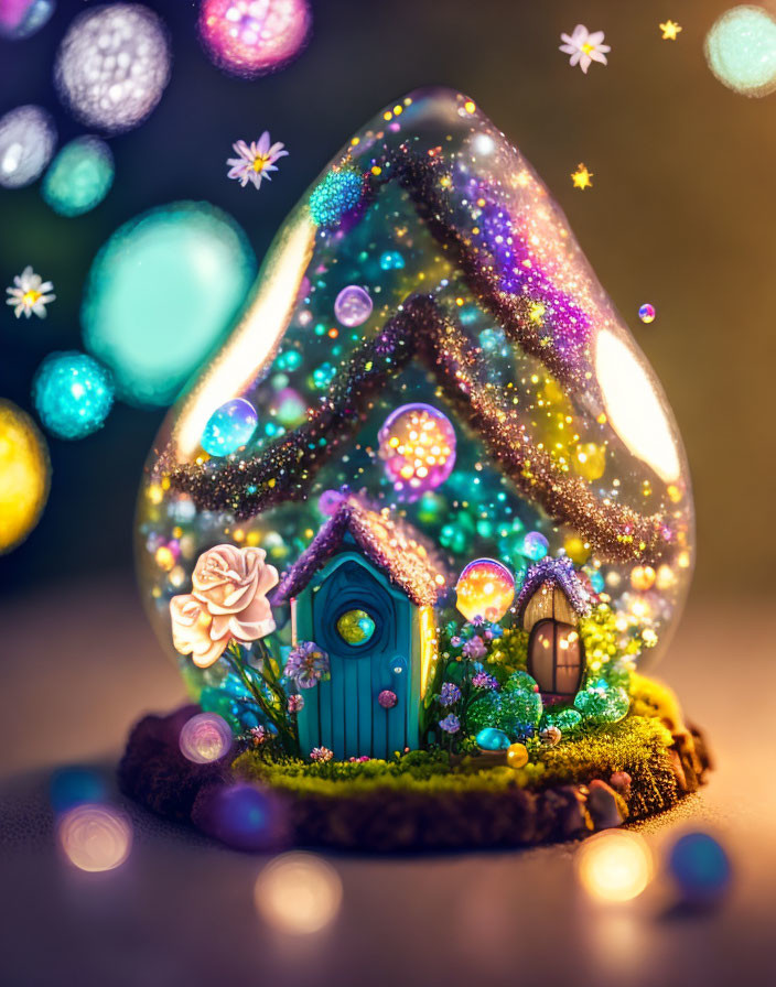 Heart-shaped glass ornament with miniature landscape and glowing lights