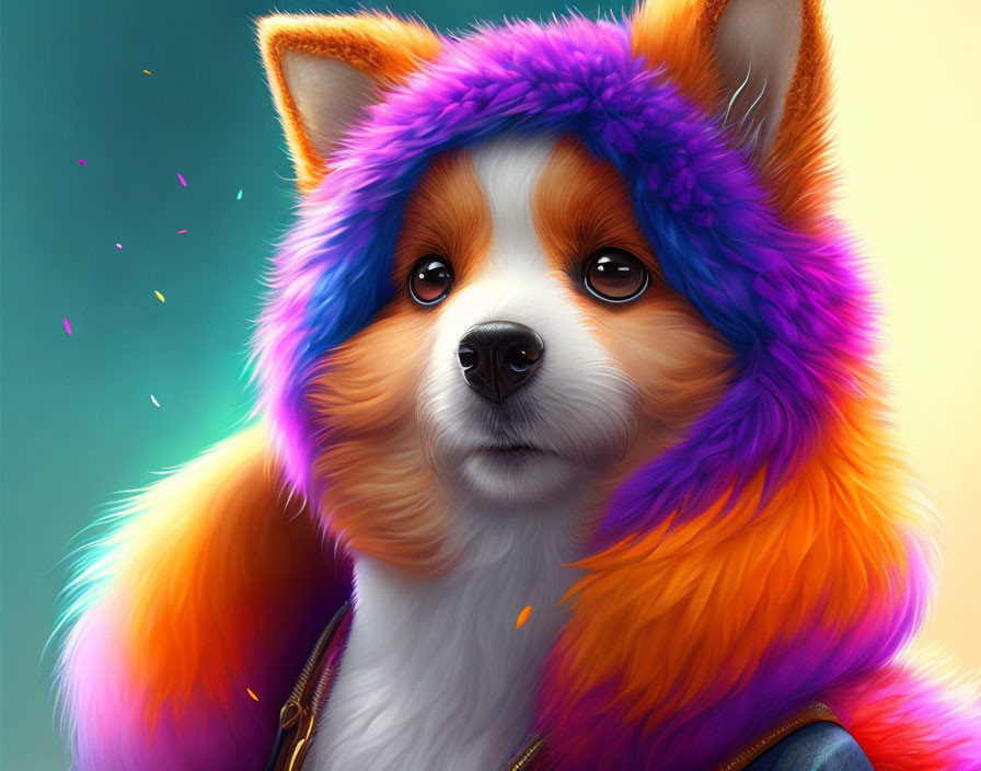 Colorful stylized dog illustration with rainbow fur and blue jacket on soft background