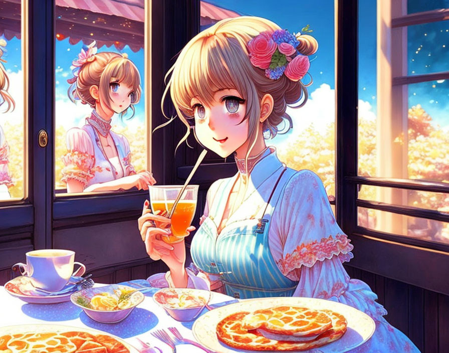 Illustration of two anime-style girls at a cafe with drinks and treats