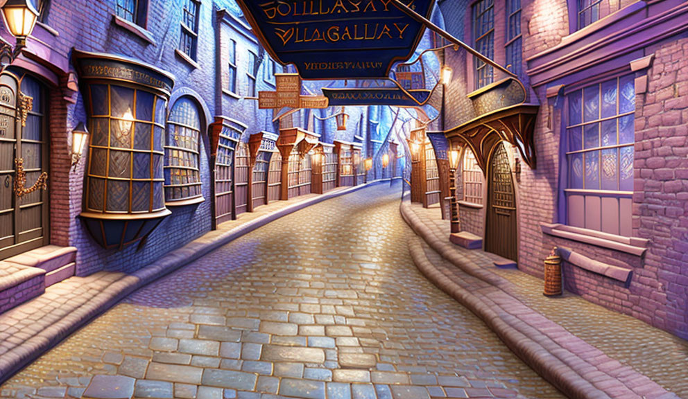 Whimsical cobblestone alley with hanging signs under twilight sky