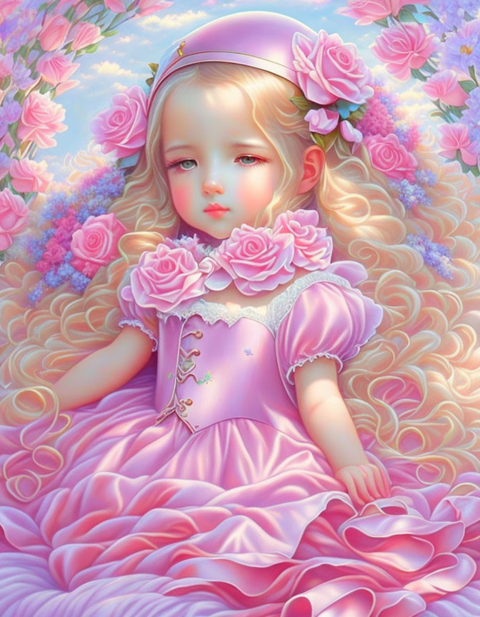 Surreal artwork featuring young girl with golden hair in pink dress and roses, with dreamlike past