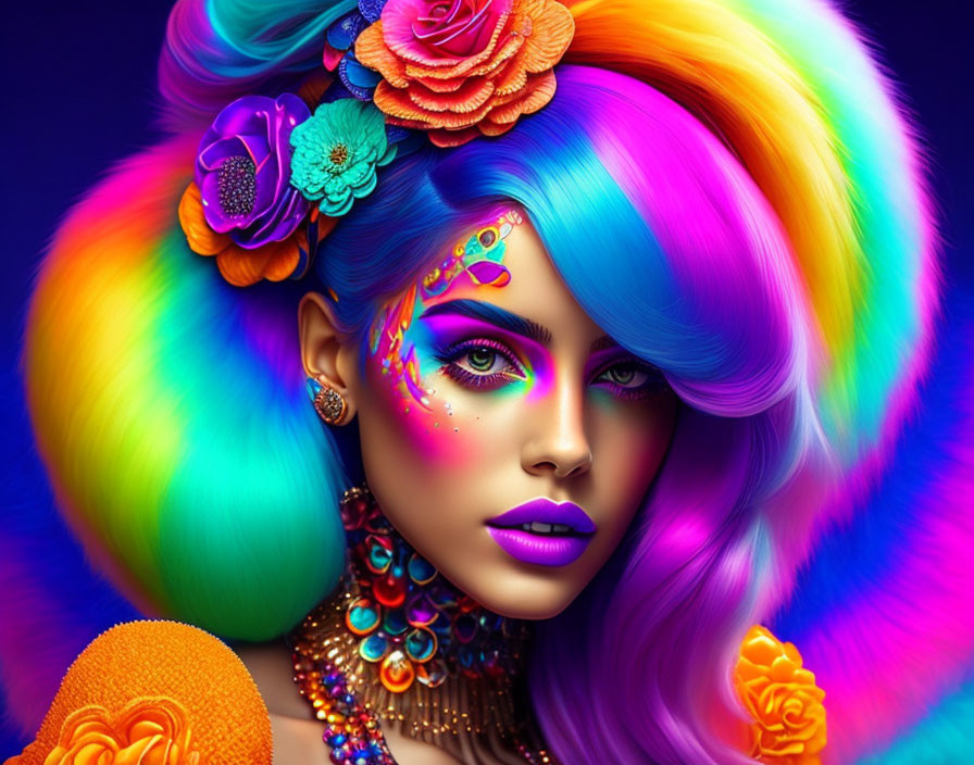 Colorful digital artwork: Woman with rainbow hair, intricate makeup, jewels, and floral motifs