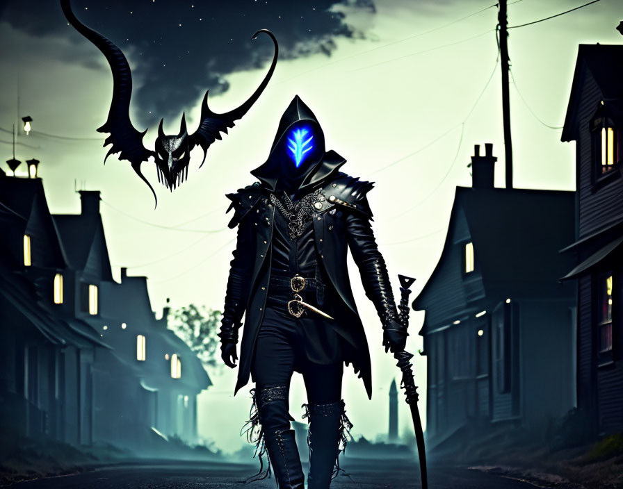 Mysterious figure in dark armor with glowing blue mask holding a staff