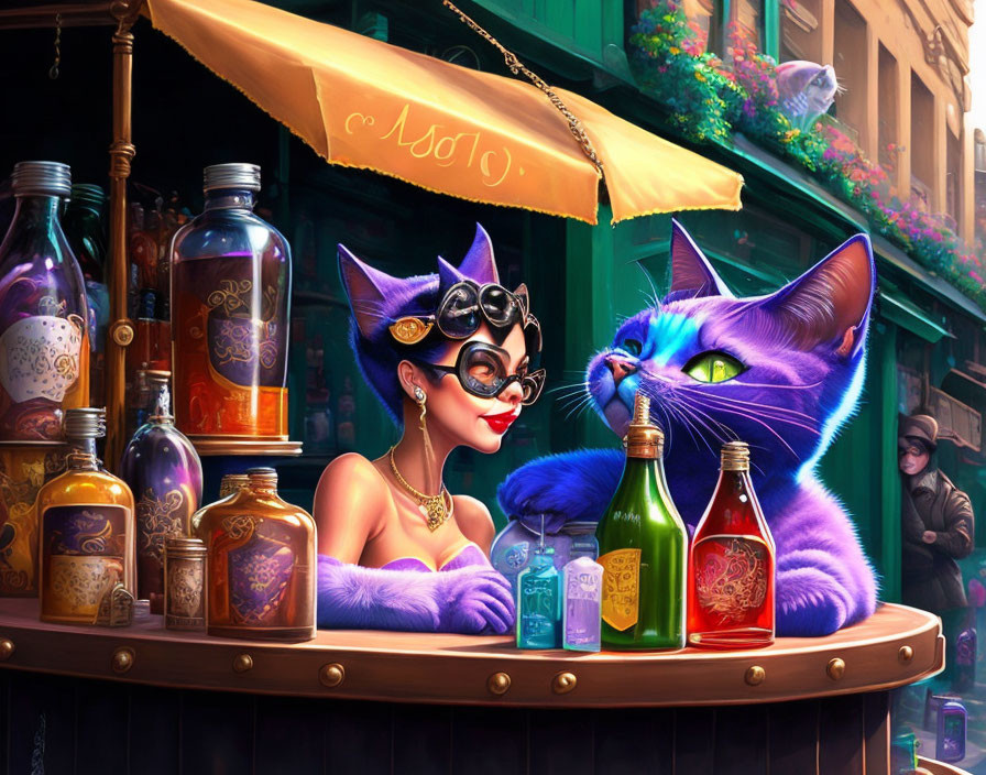 Illustration of cat-headed woman and blue cat at bar with colorful bottles.