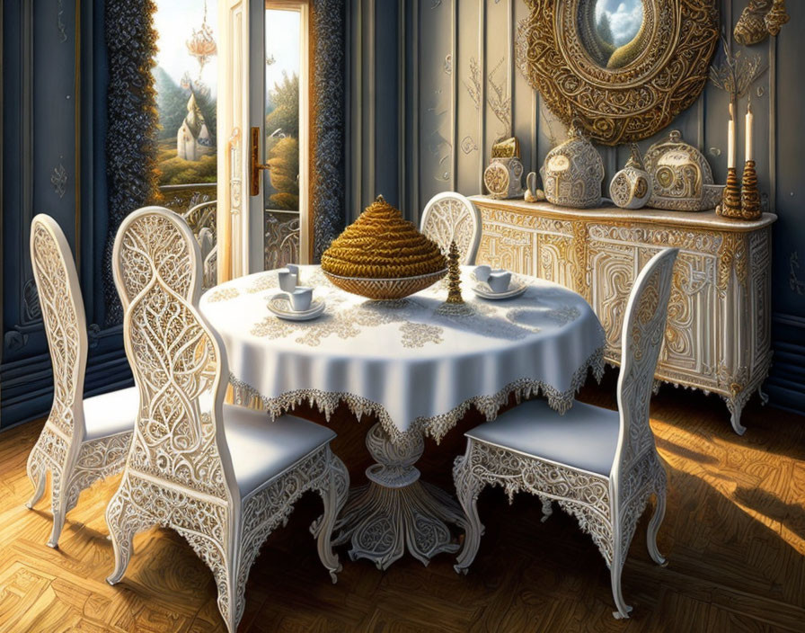 Luxurious Tea Room with White Table, Beehive Centerpiece, and Nature View