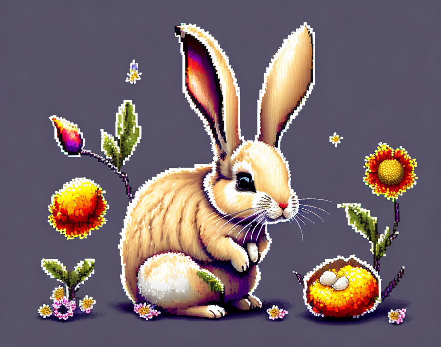 Cross-Stitch Rabbit Surrounded by Embroidered Flowers on Purple Background