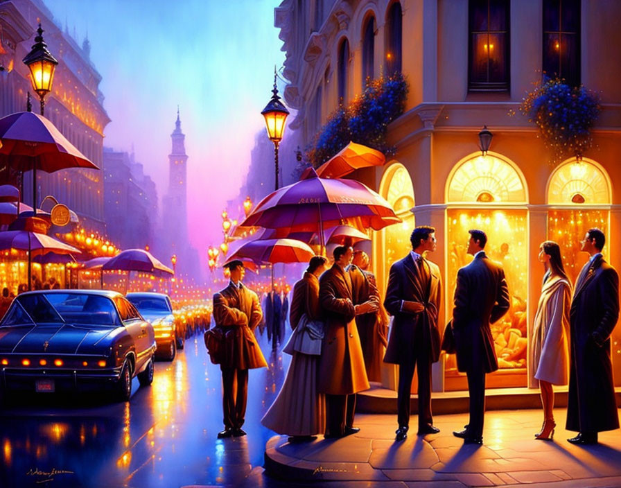 Sophisticated individuals chatting on a lively, rain-soaked urban street with bright storefronts and colorful