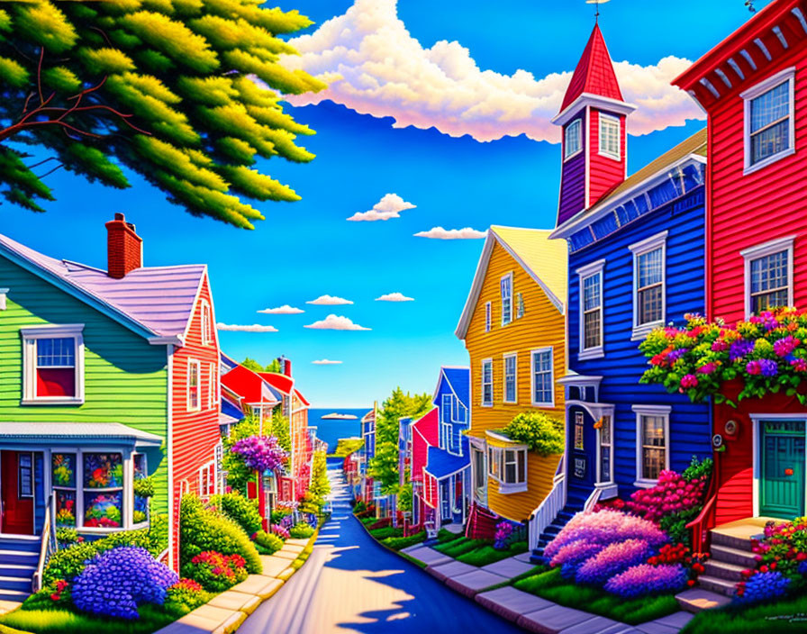 Colorful houses on vibrant street under blue sky and lush greenery