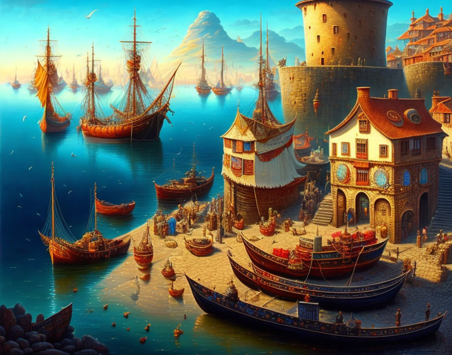 Medieval port with ships, colorful buildings, and looming mountain.