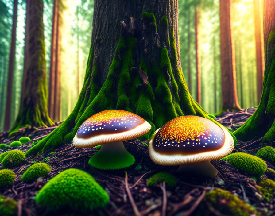 Luminescent mushrooms in mystical forest with vibrant green moss