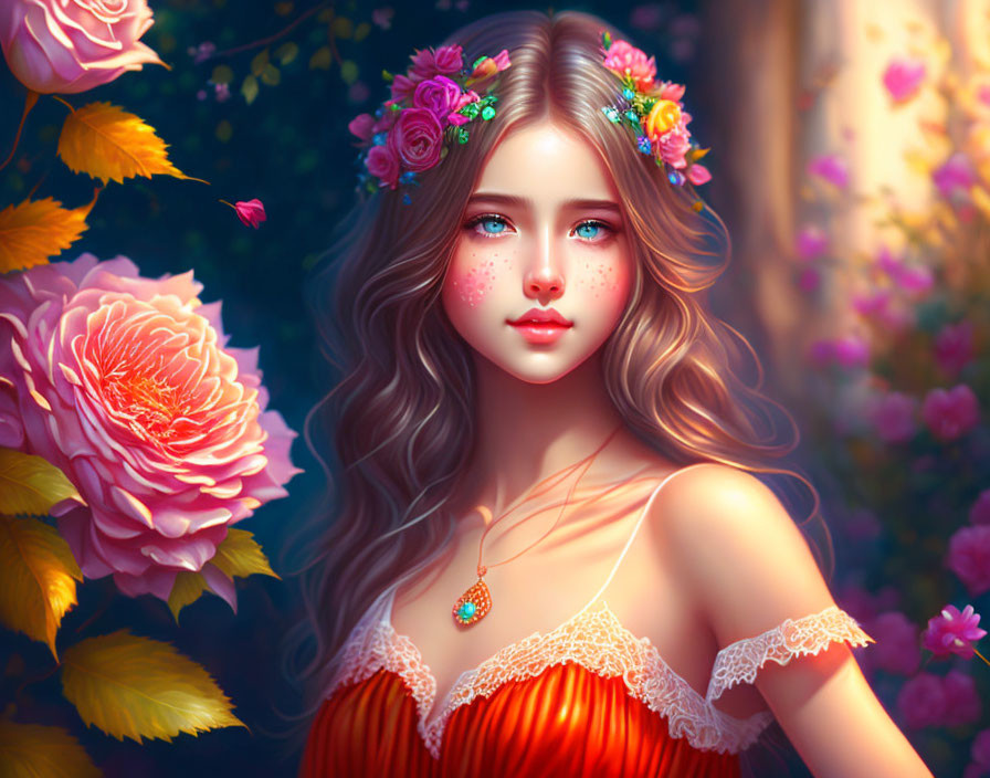 Digital artwork featuring young woman with wavy hair, vibrant flowers, red dress, lush roses, dream