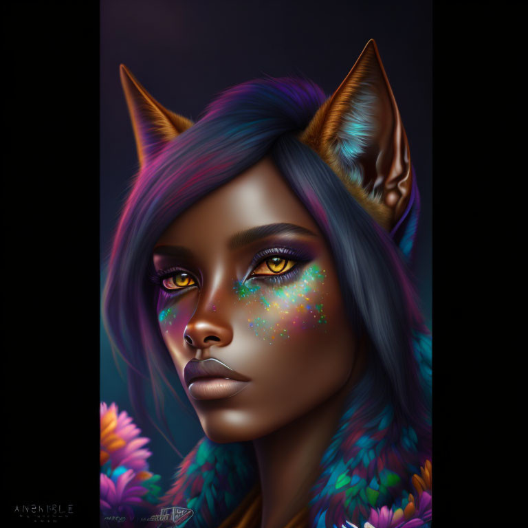 Fantasy character with cat-like ears and multicolored hair in vibrant digital portrait