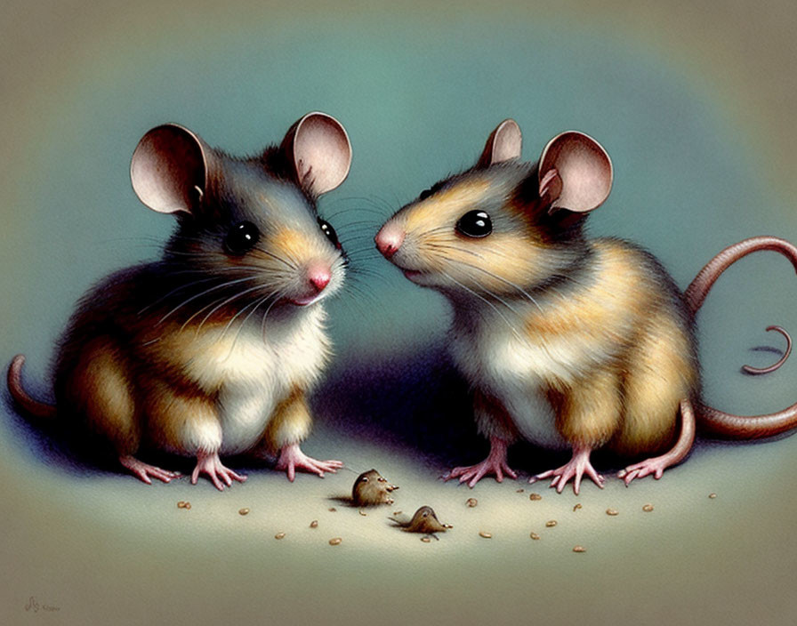 Anthropomorphized mice with expressive eyes on gray background