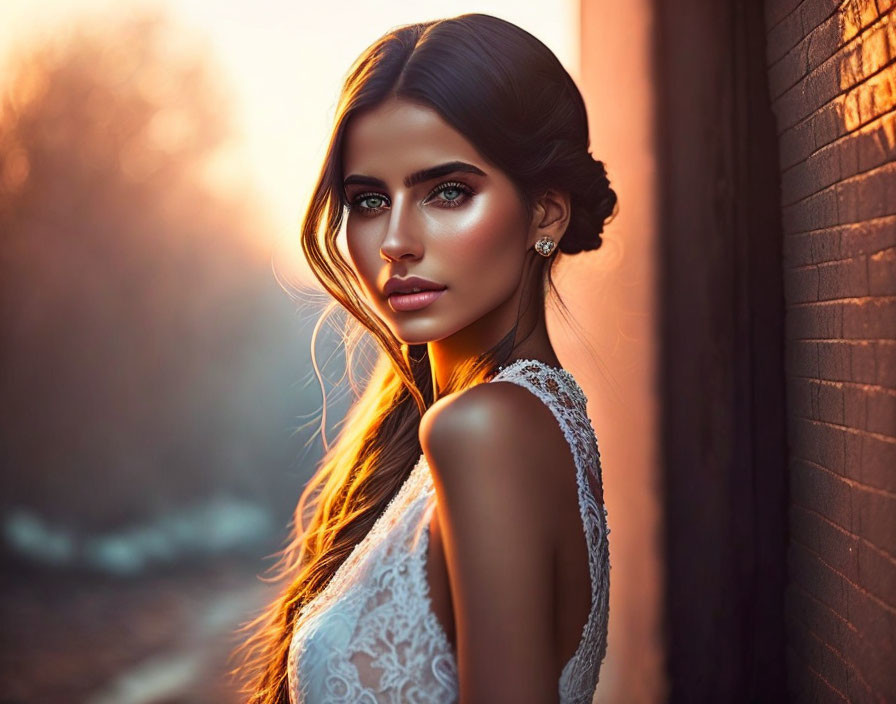 Woman with Striking Eyes and Dark Hair in Sunlit Setting by Brick Wall