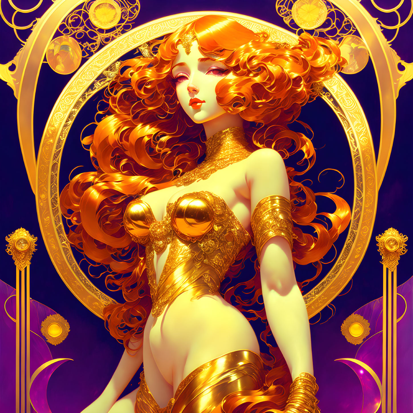 Illustrated woman with red hair and gold adornments on purple background