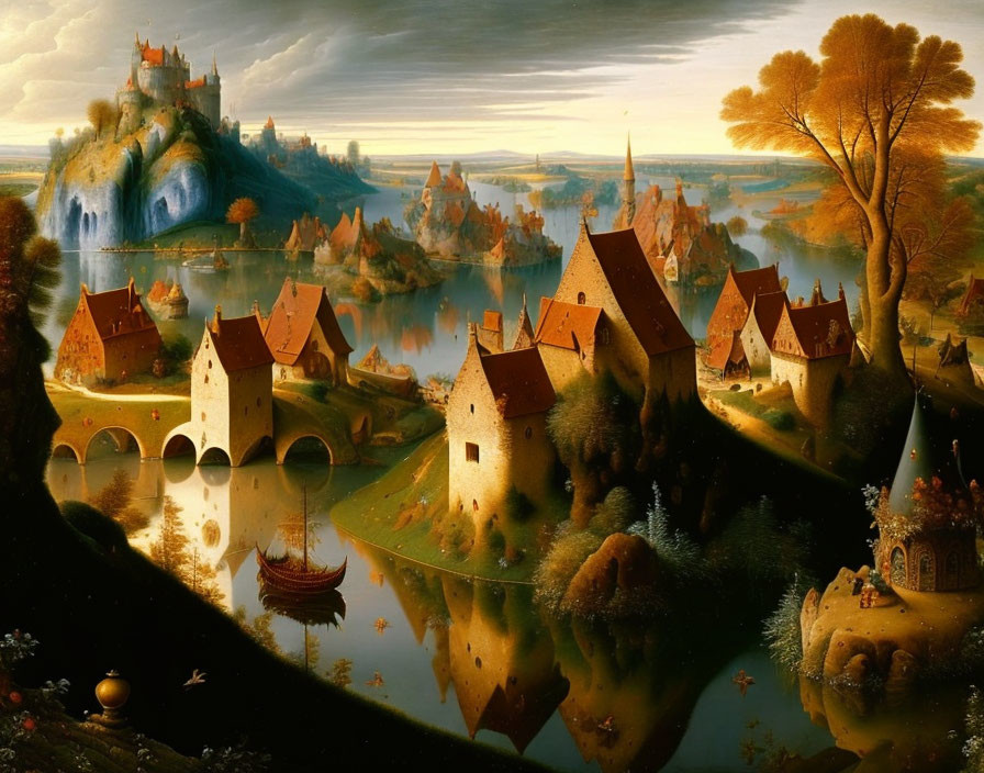 Medieval village landscape with castles, river, bridges, boat, autumn trees, and rocky out