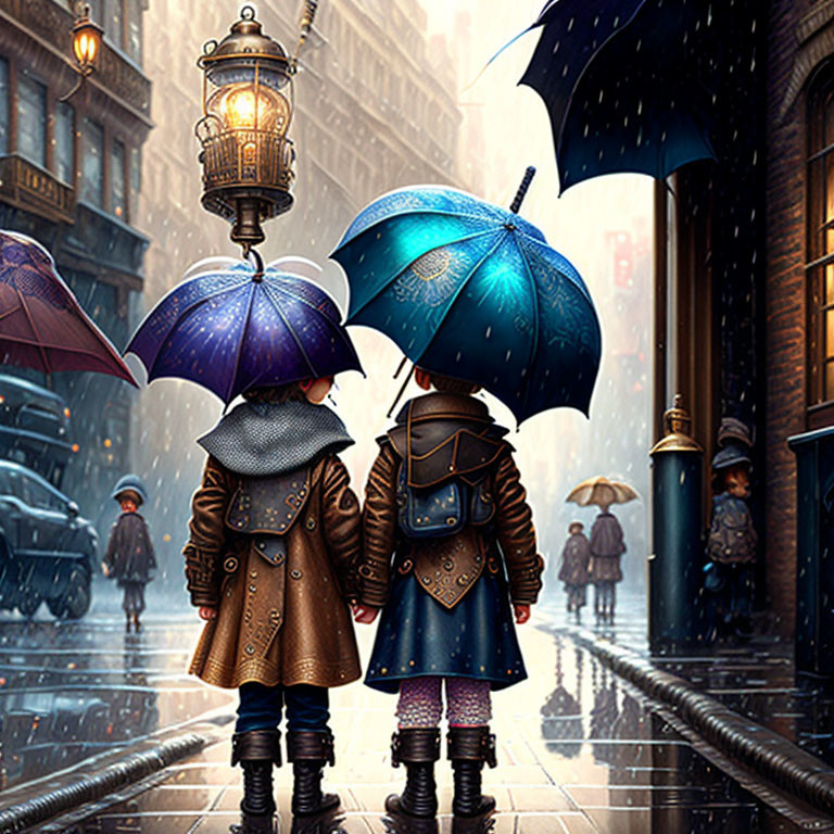 Children with umbrellas on rainy city street with vintage lights.