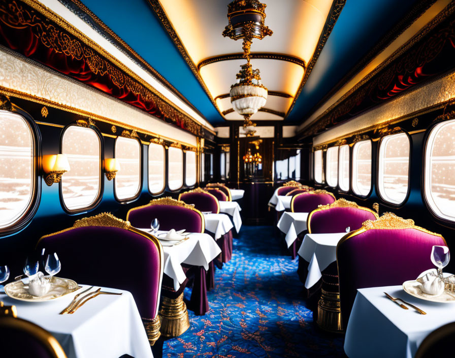 Elegant dining car on a luxurious train with plush seating and snowy landscape views