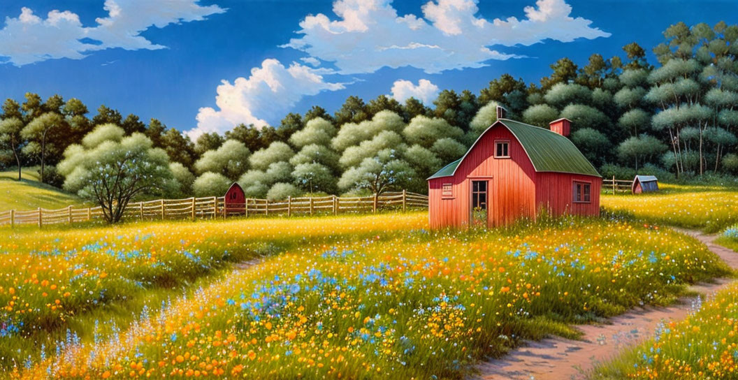 Scenic countryside with red barn, wildflowers, wood fence, and fluffy clouds