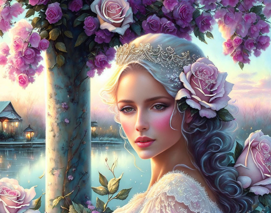 Illustrated woman with tiara and flowers in hair by blossoming trees near lakeside.