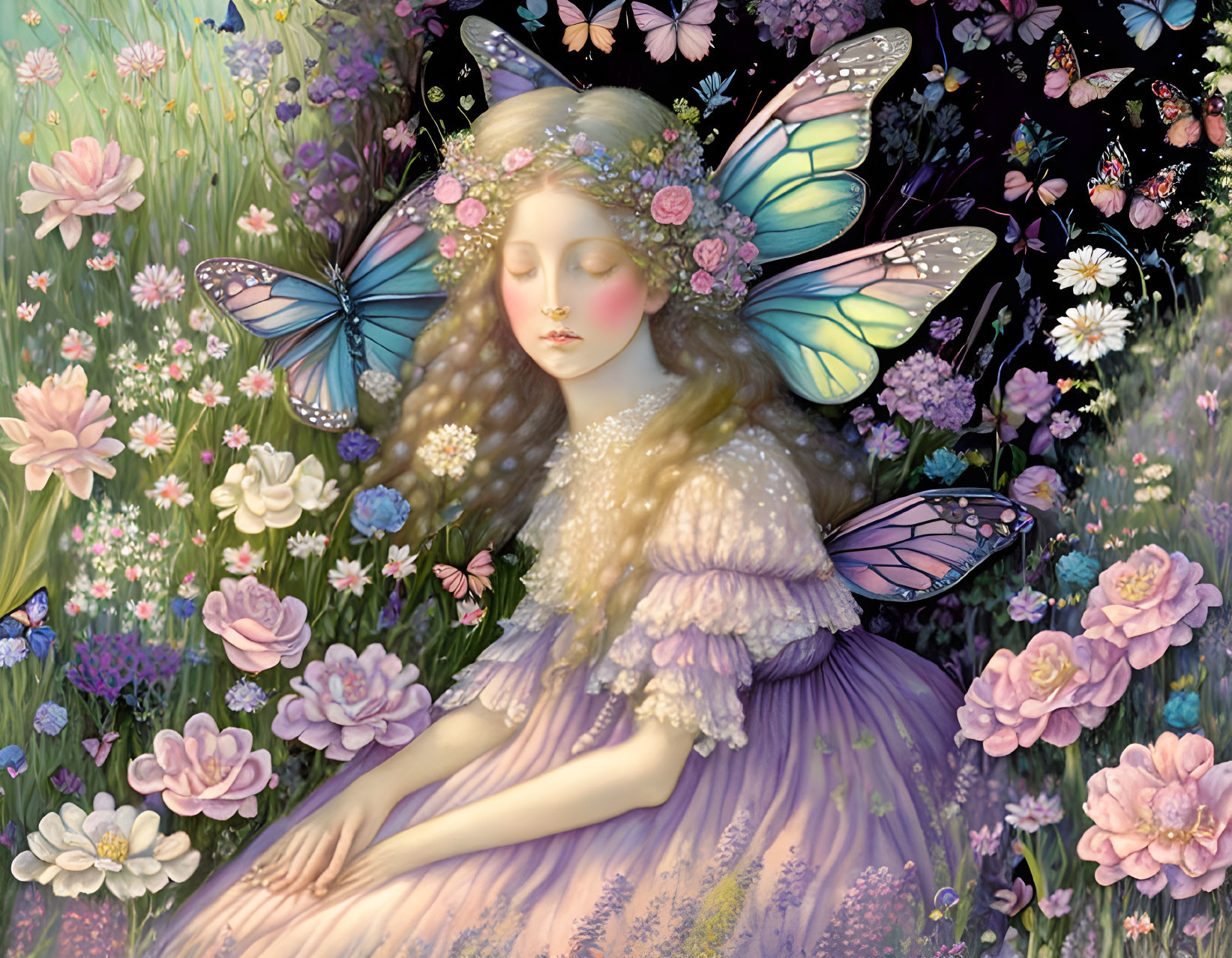 Fairy with Butterfly Wings in Colorful Garden