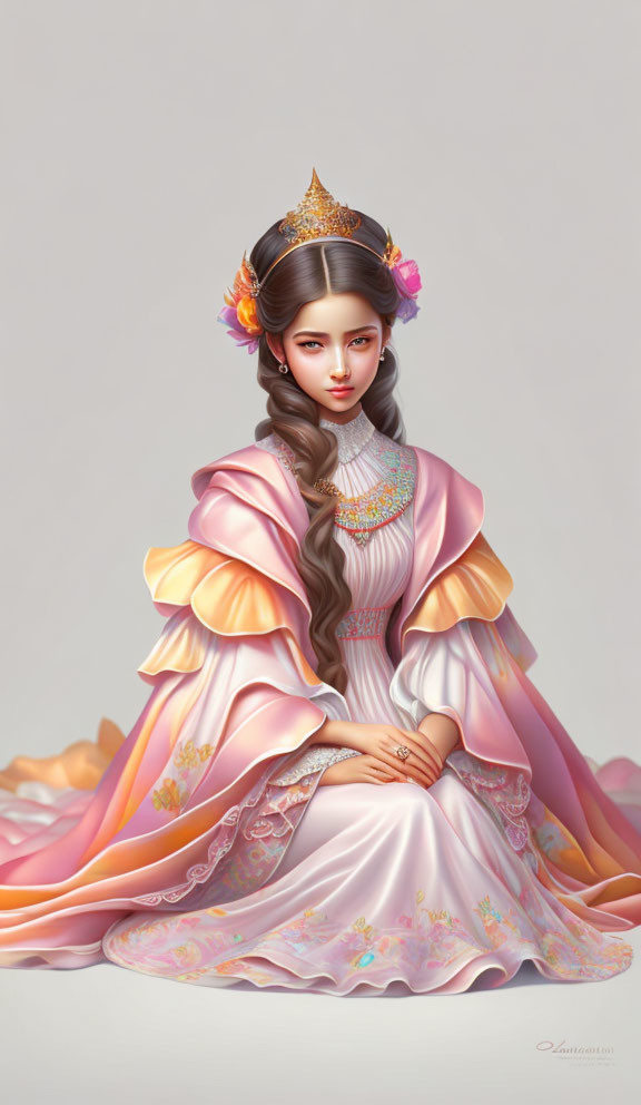 Digital illustration of woman in ornate traditional gown with pink and yellow hues, floral accents, and gold