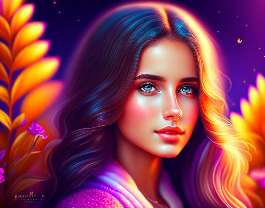 Digital Artwork: Young Woman with Blue Eyes and Flowing Hair Surrounded by Orange Flowers on Purple