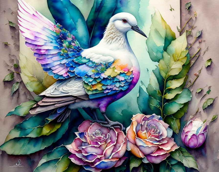 Colorful Dove Painting Perched on Purple Roses Amid Green Foliage