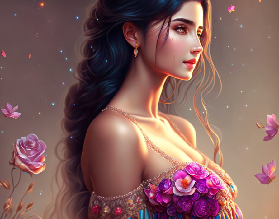 Digital artwork: Woman with flowing hair and flowers, surrounded by floating petals on warm background