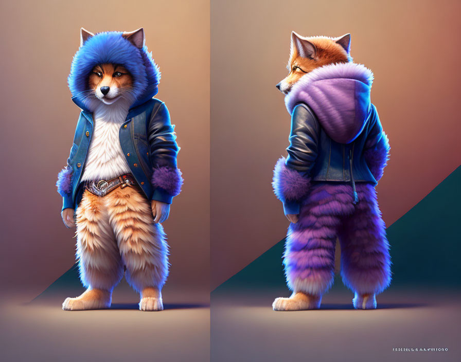 Anthropomorphic fox in stylish jacket, jeans, and belt poses in front and side view