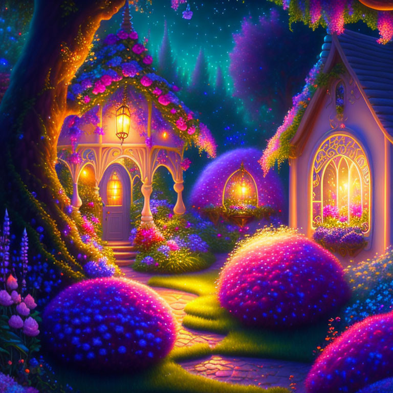 Fairytale cottage at night with glowing lanterns and starry sky