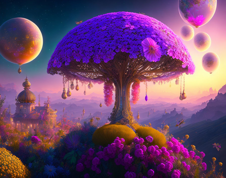 Fantasy landscape with giant mushroom, purple foliage, floating orbs, distant planets, and palace-like architecture