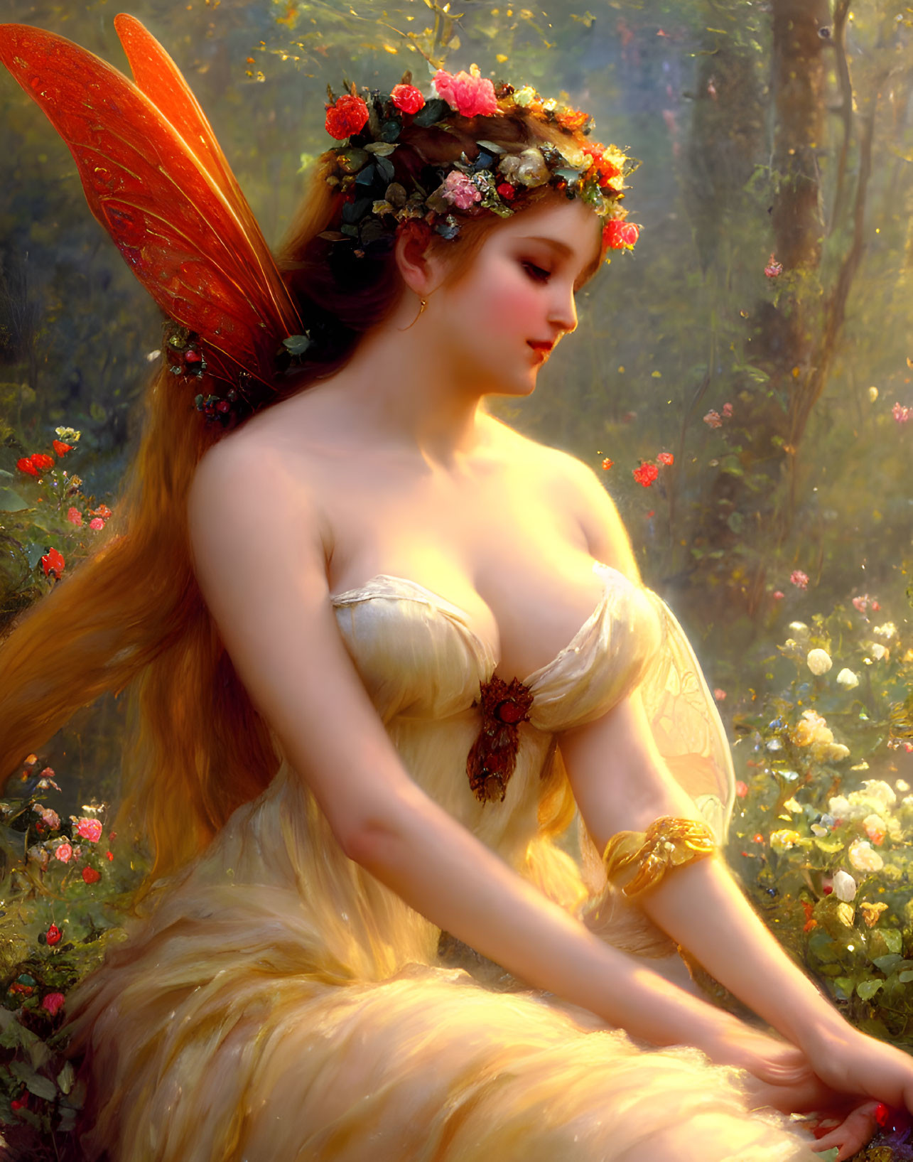 Golden-haired fairy in blooming garden with glowing wings and floral wreath