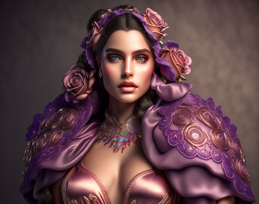 Portrait of woman with deep blue eyes, purple roses in hair, elaborate purple and gold dress